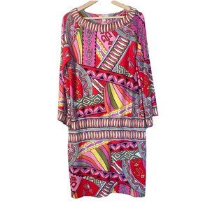Muse Boston Proper Pink Orange Geometric‎ Shift Drop Waist Retro Dress 12 Light
